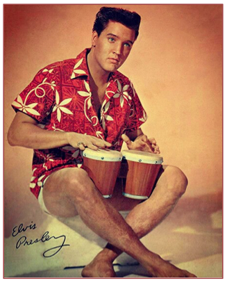 Elvis Presley in an Aloha shirt playing bongos
